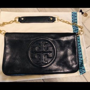 Authentic Tory Burch leather clutch, gold detail